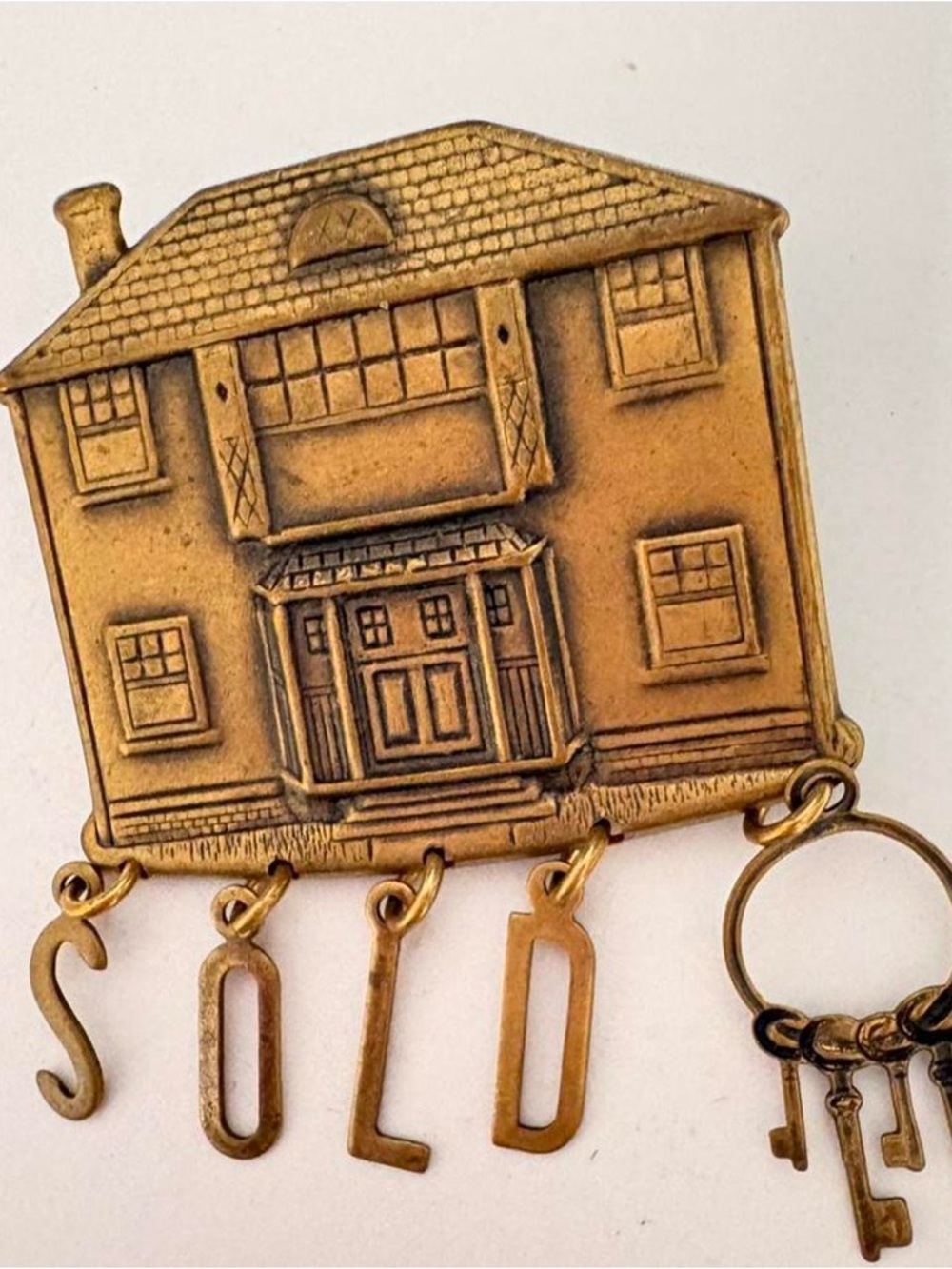 Brass tone Realtor House Brooch with 'SOLD' Letter and key Charms